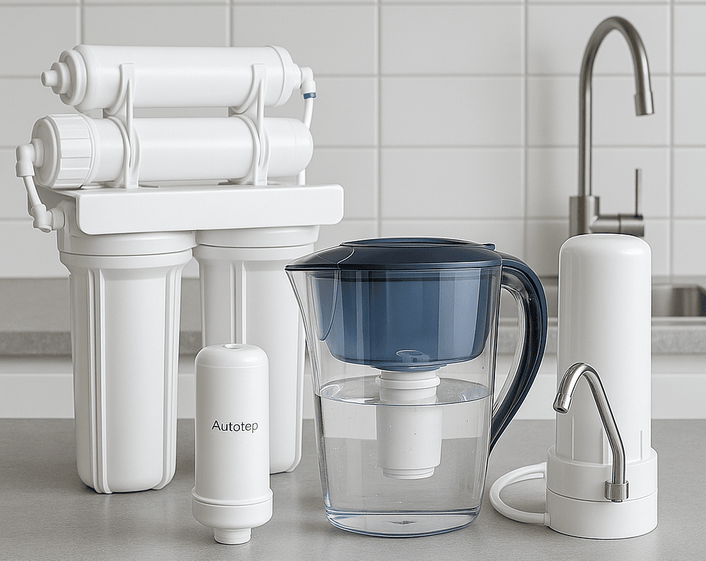 A set of drinking water filtration products including a reverse osmosis unit, water filter jug, cartridge, and countertop dispenser on a kitchen counter.