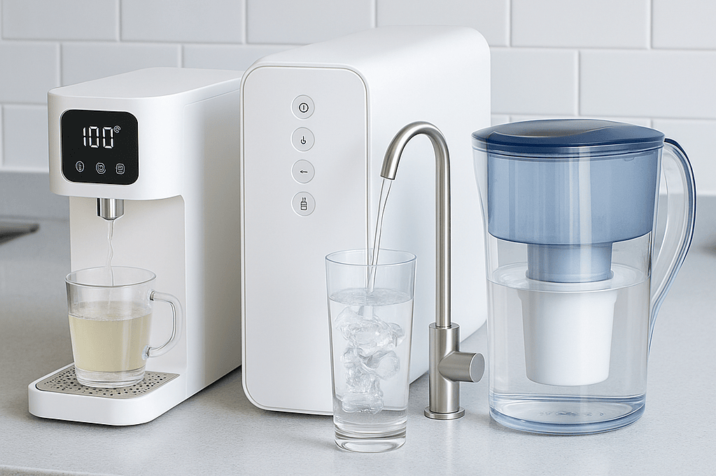 Modern electric water filter appliances, including a hot and cold water dispenser, a countertop reverse osmosis system, and a filter jug on a kitchen counter.