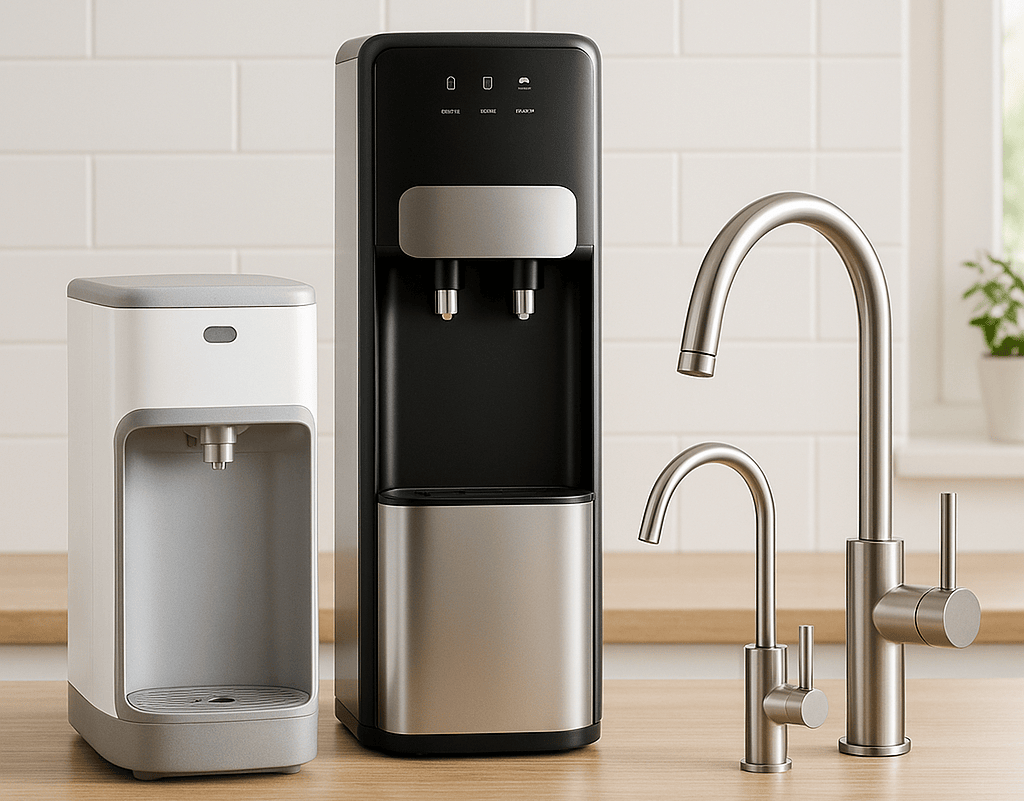 A stylish home kitchen featuring a hot and cold filtered water dispenser on the countertop.