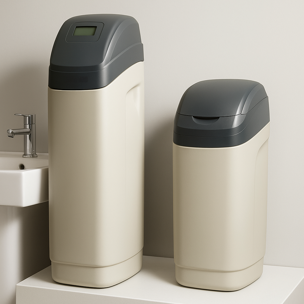 Two modern home water softener units beside a bathroom sink, beige with dark grey lids.