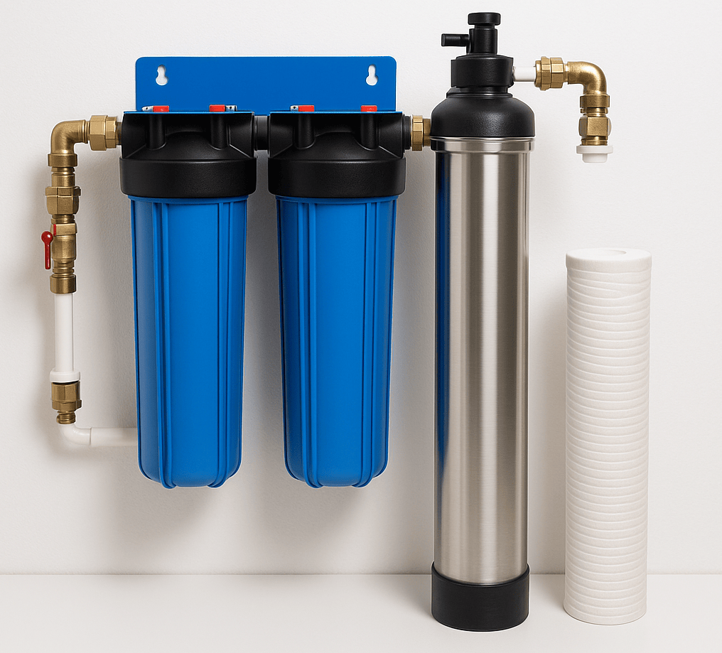 Whole house mains water filter system with blue twin cartridges and a stainless-steel reverse osmosis unit mounted on a white wall.