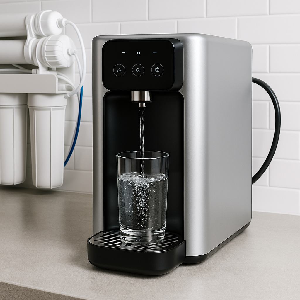 Modern plumbed-in countertop water dispenser pouring filtered water into a glass, connected to a reverse osmosis filter system in a home kitchen.