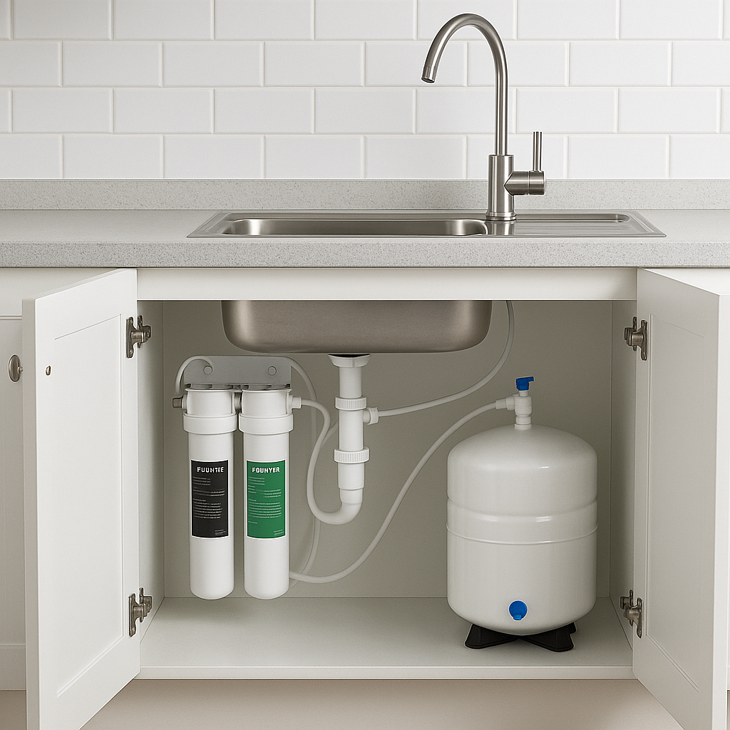 Under-sink plumbed-in water filter system with dual cartridges and storage tank installed in a modern kitchen cabinet.