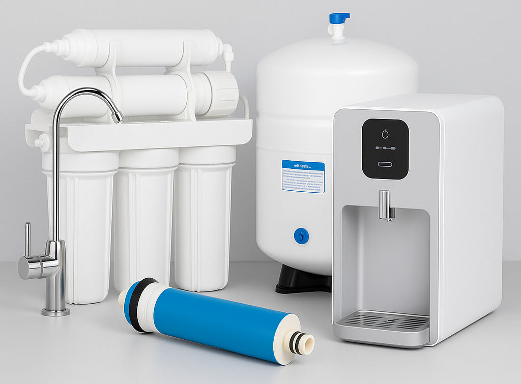 A modern kitchen setting with an under-sink reverse osmosis system installed beneath the cabinet.