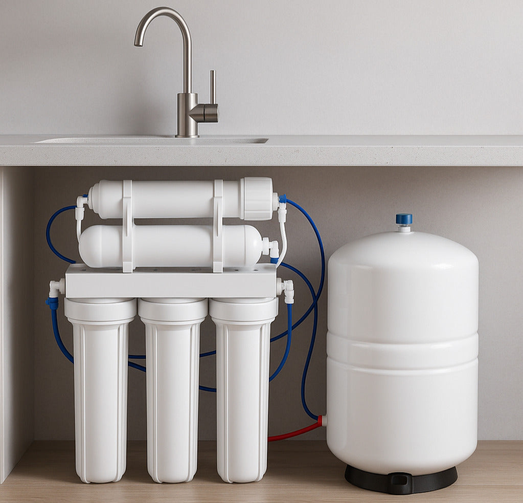Under sink reverse osmosis water filter system with storage tank and modern faucet.