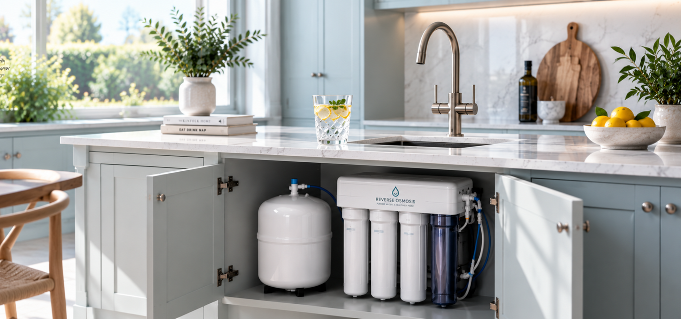 A countertop water filter system installed inside an open kitchen cabinet, shown in a bright, modern kitchen with light blue cabinets, a marble countertop, and a brass 3 lever faucet.