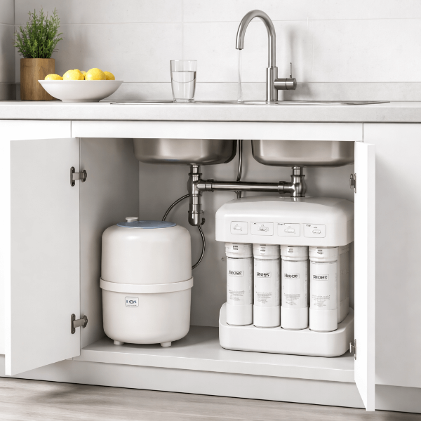 a white reverse osmosis tank and filters under a kitchen sink