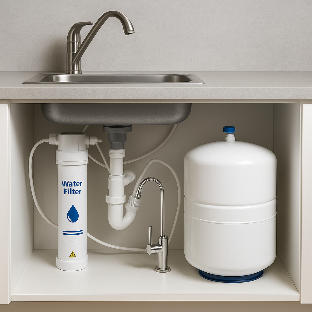 Under-sink water filter system with storage tank and faucet installed neatly beneath a kitchen sink.