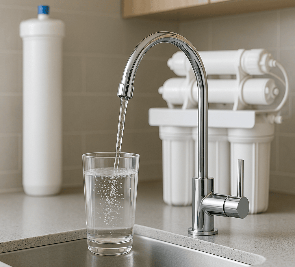 A modern kitchen tap pouring clear water into a glass, with a reverse osmosis filter and whole house system in the background.