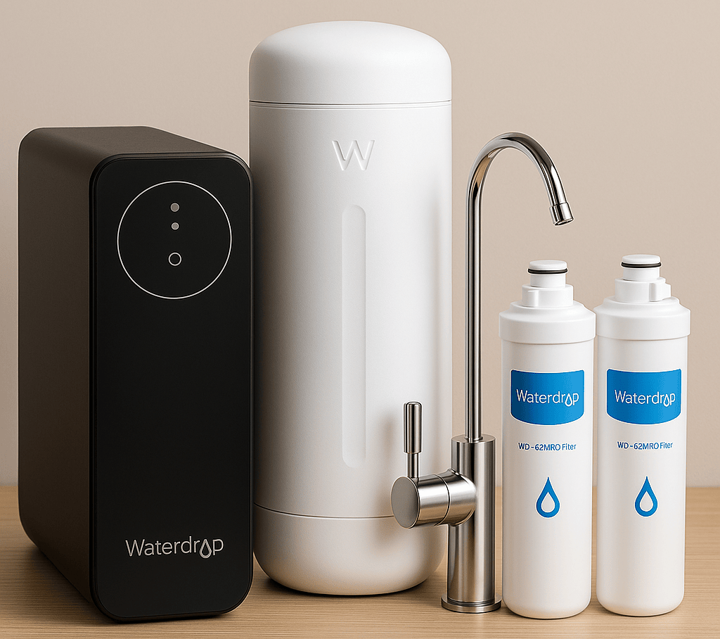 Waterdrop reverse osmosis unit with cartridges and modern faucet displayed together on a wooden surface.