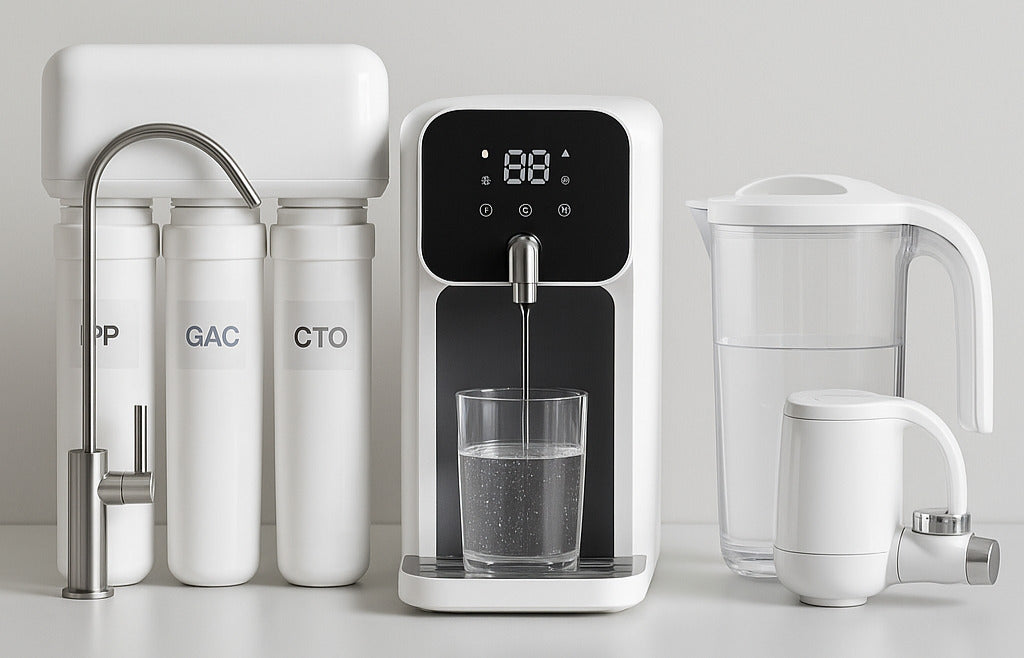 A stylish kitchen setup featuring a modern water filter tap installed on a sink.