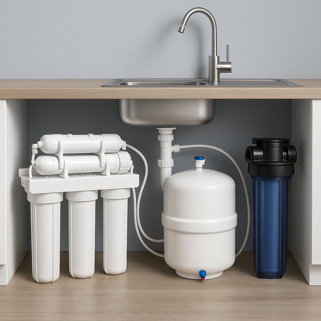Under-sink reverse osmosis water filter system with storage tank and cartridges installed in a modern kitchen.