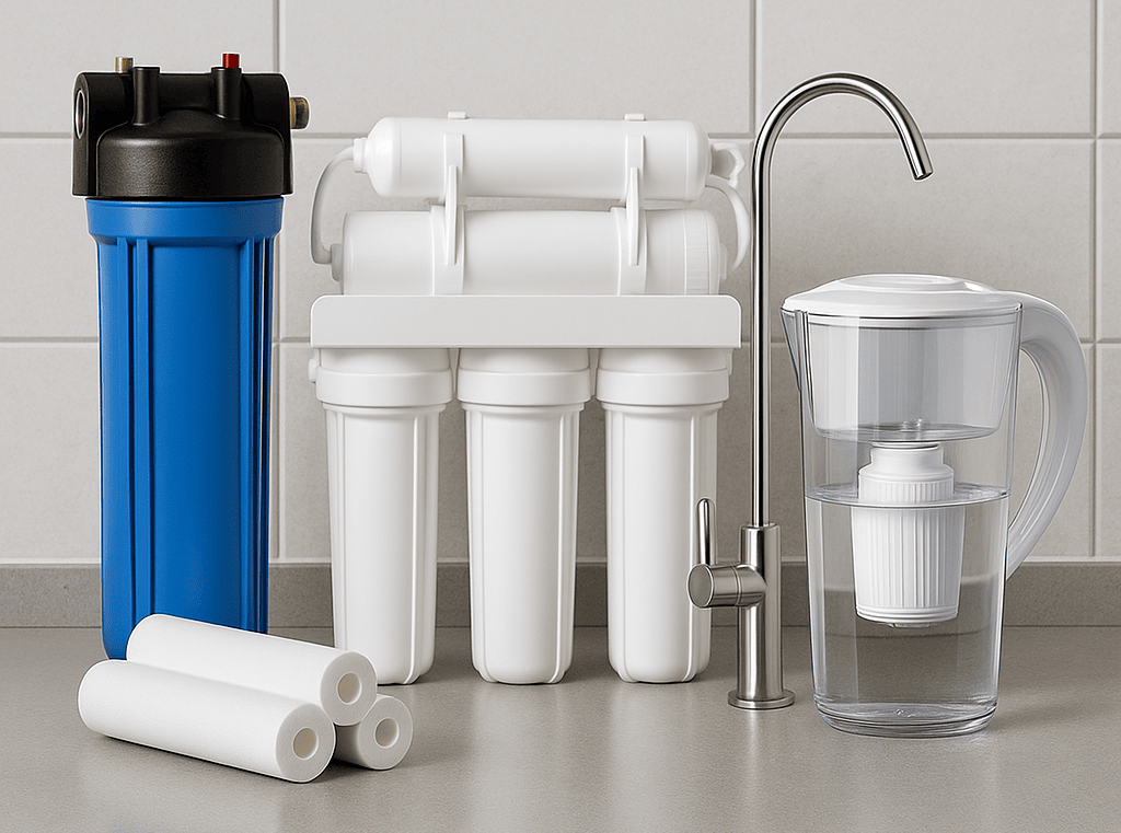A modern kitchen setting featuring a close-up of a water filtration system being serviced.