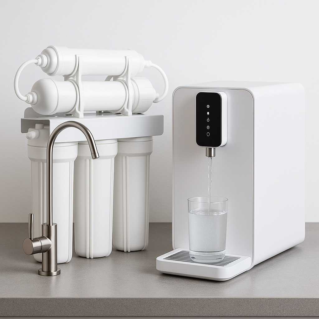 nder-sink reverse osmosis filter next to a modern countertop water dispenser pouring clear water into a glass.
