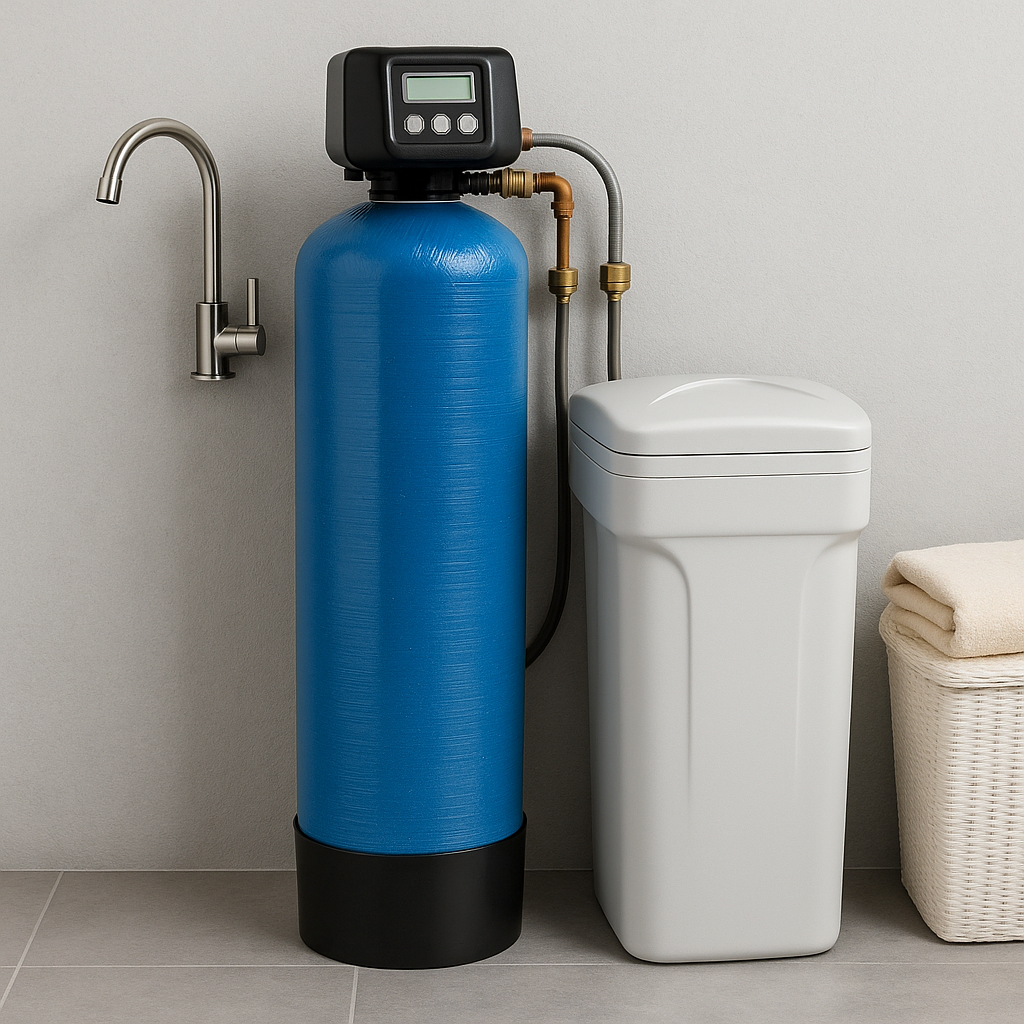 Realistic home water softener system with brine tank and faucet setup.