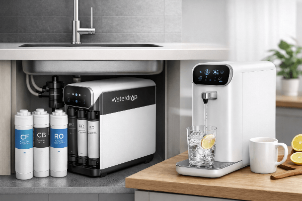 a countertop water dispenser and under sink ro system with three filter cartridges