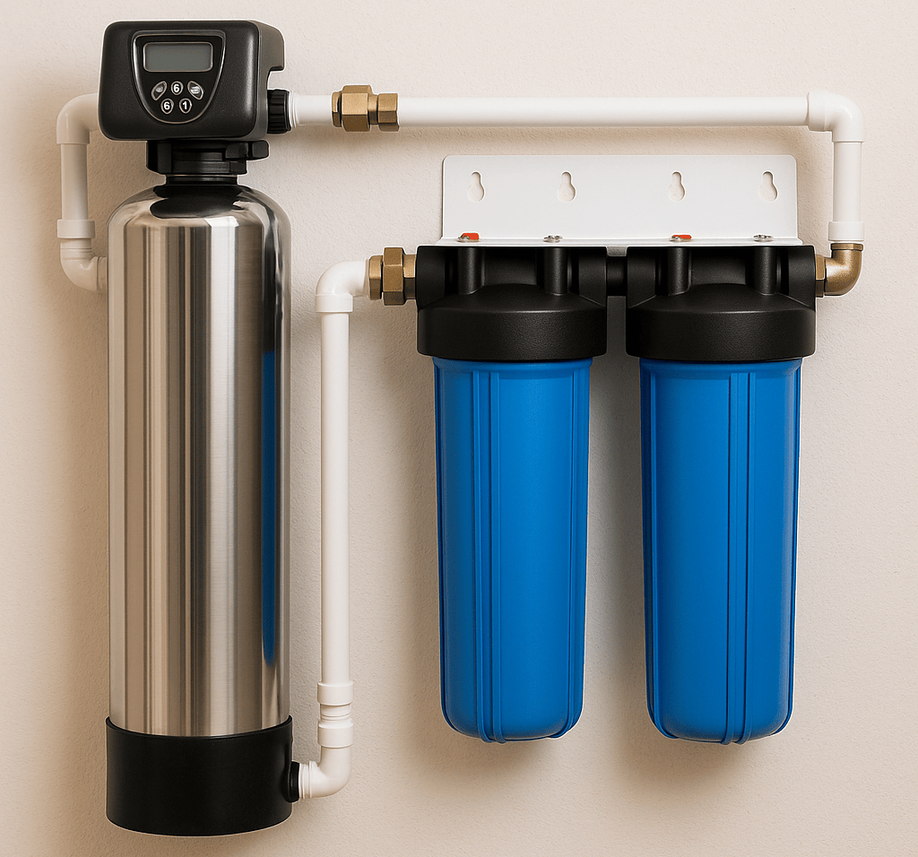 Whole house water filtration system with twin blue cartridge filters and stainless steel tank mounted on a wall.