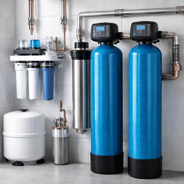 Whole house iron water filter system with blue tanks and reverse osmosis filtration in utility room