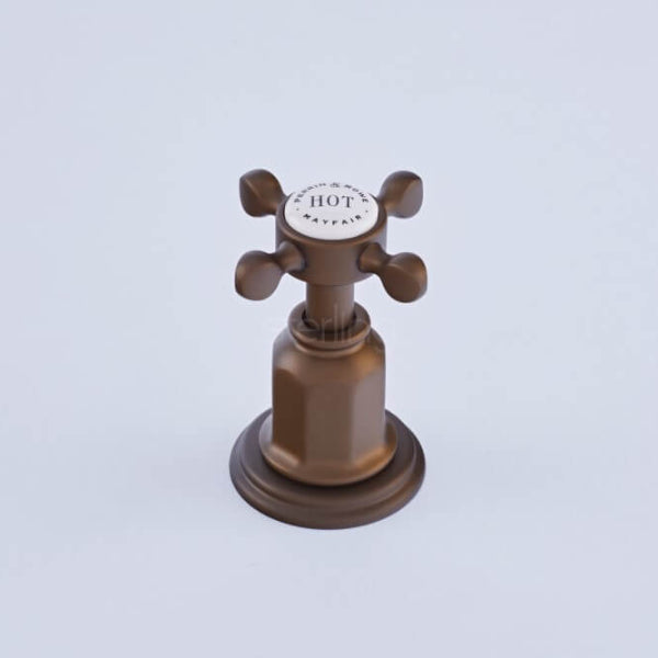 Bronze hot tap handle with white ceramic cap engraved with ‘HOT’