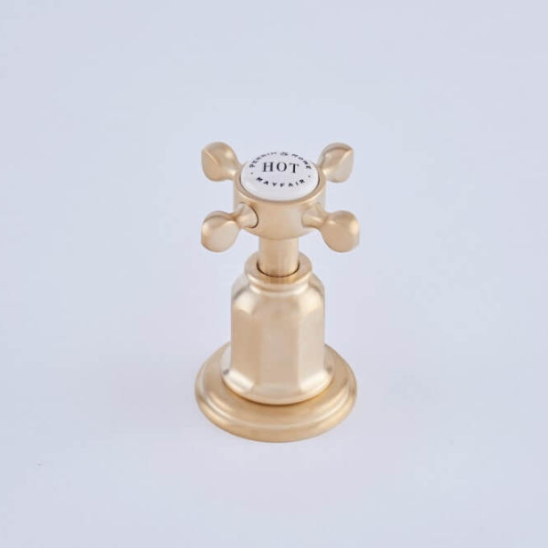 Satin brass hot tap handle with white ceramic cap engraved with ‘HOT’