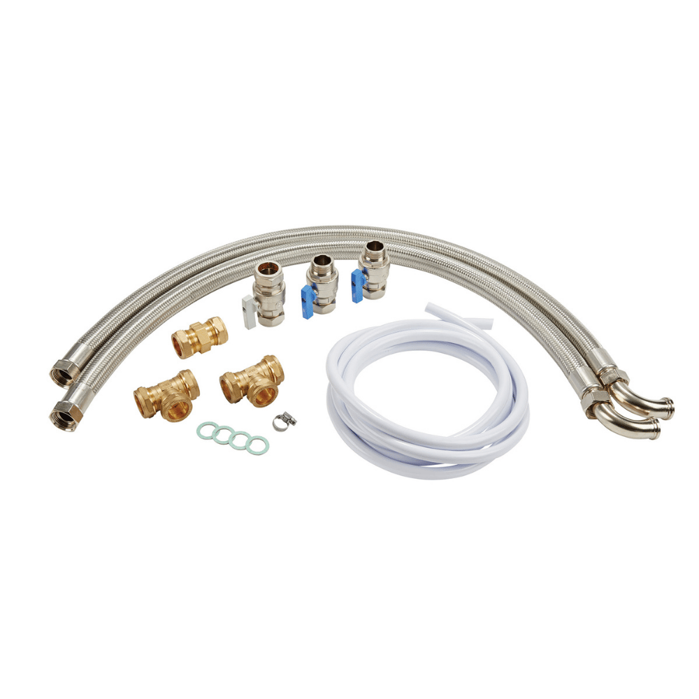 A water softener installation kit on a white background, including two stainless steel braided hoses, two brass T-fittings, two brass connectors with blue handles, a coiled white tube, and small gaskets.