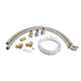 A water softener installation kit on a white background, including two stainless steel braided hoses, two brass T-fittings, two brass connectors with blue handles, a coiled white tube, and small gaskets.