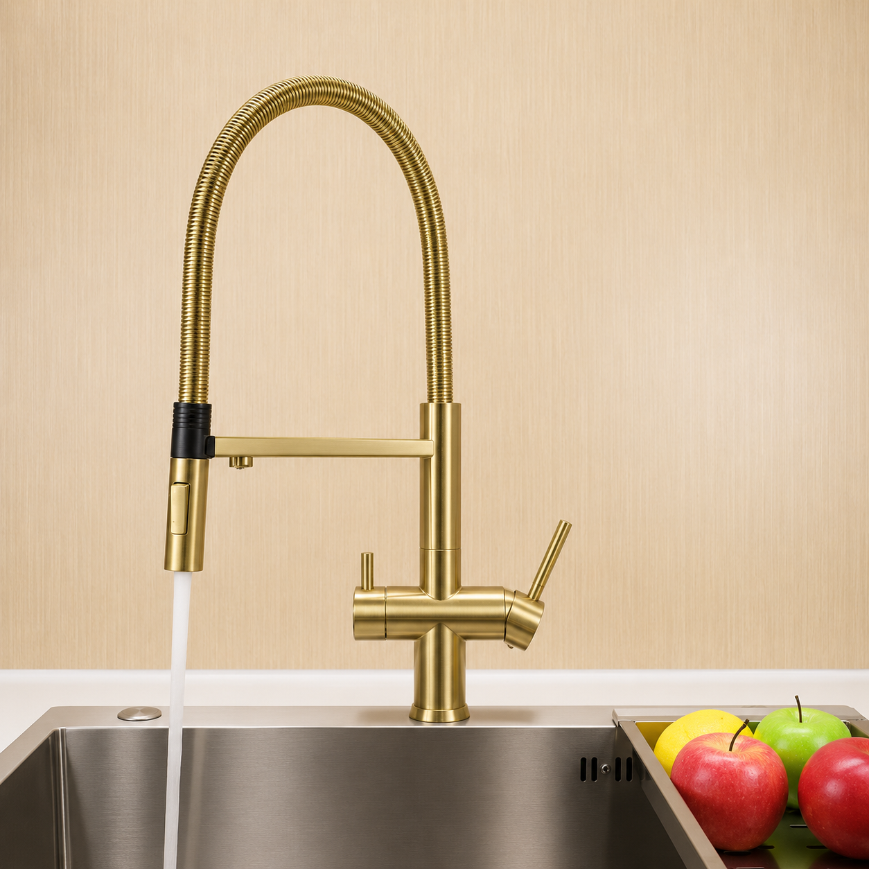 brushed brass hommix kitchen tap above a sink with apples on a tray