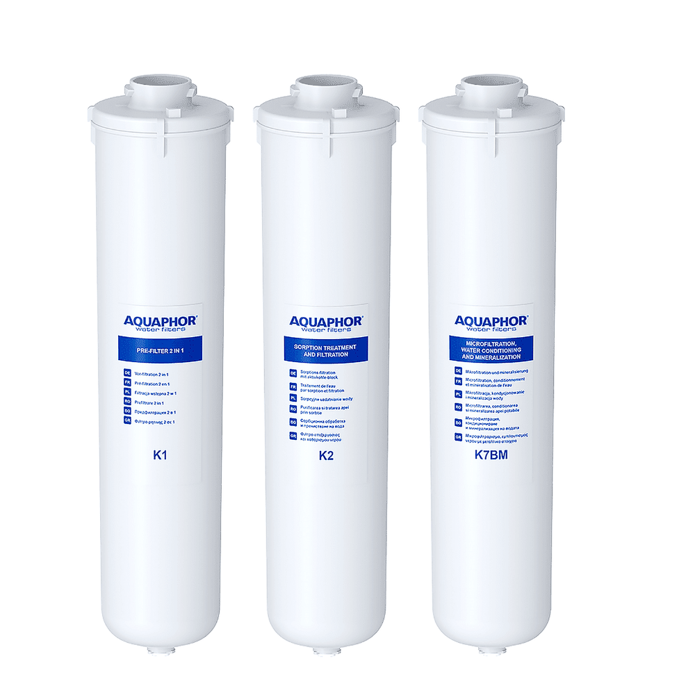Three Aquaphor water filter replacements on a white background