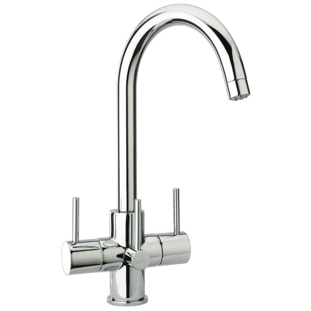 Chrome 3 lever kitchen faucet on a white background