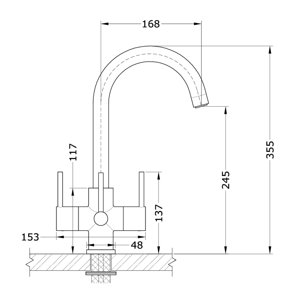 Technical drawing of an Acquapuro three lever kitchen faucet with dimensions