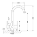 Technical drawing of an Acquapuro three lever kitchen faucet with dimensions