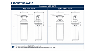 Technical drawing of Acquapuro ACQ-0.1FC filter head and compatible head dimensions.