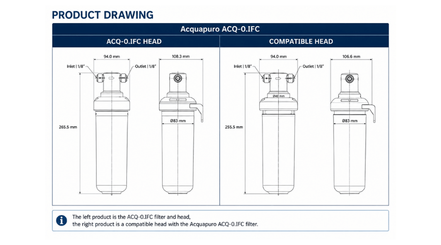 Technical drawing of Acquapuro ACQ-0.1FC filter head and compatible head dimensions.