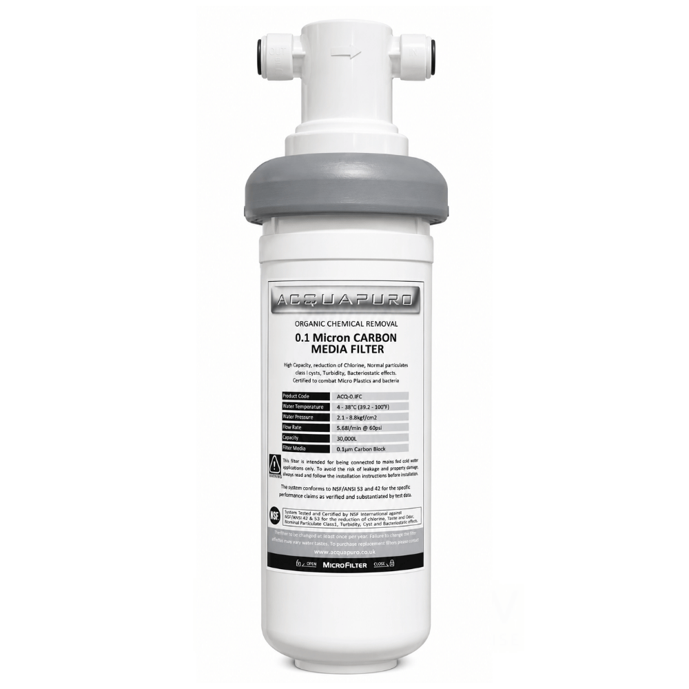 Acquapuro carbon media filter with white and gray design on a white background