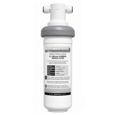 Acquapuro carbon media filter with white and gray design on a white background