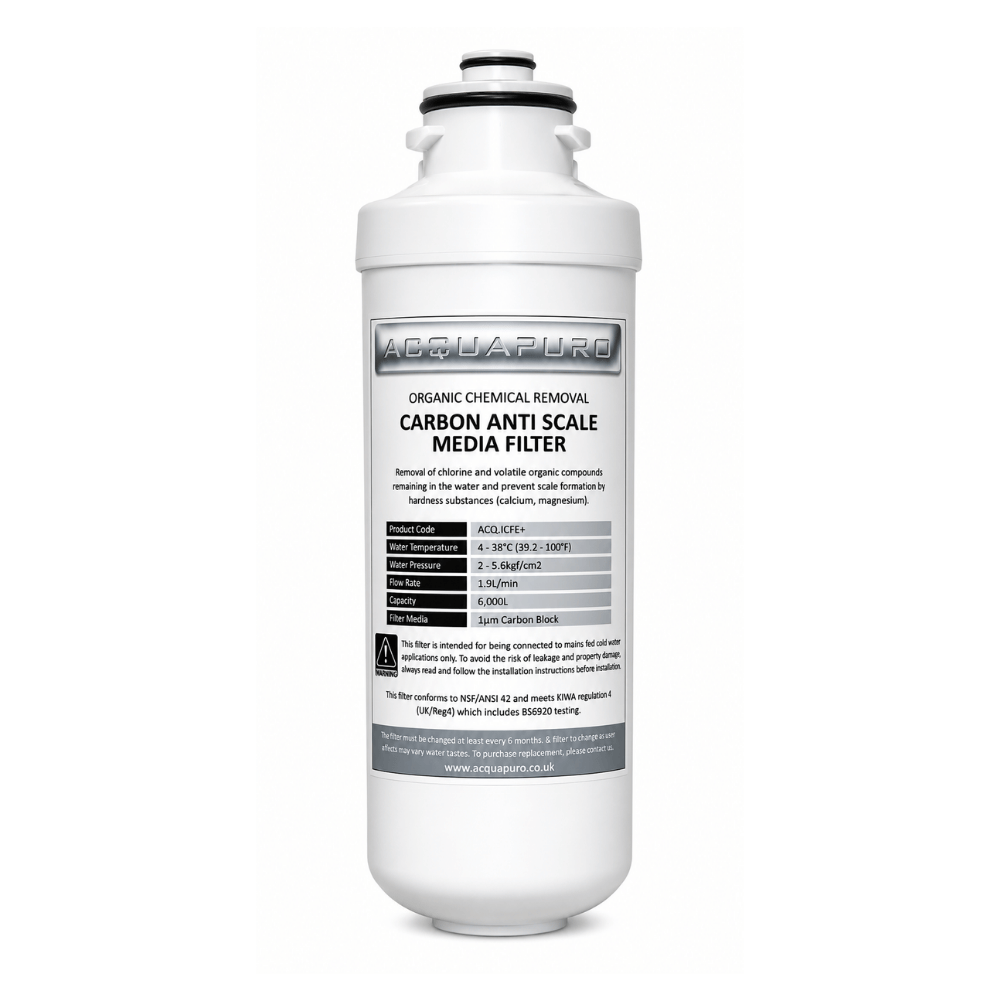 Acquapuro carbon anti scale filter cartridge on a white background