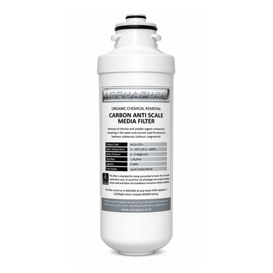 Acquapuro carbon anti scale filter cartridge on a white background