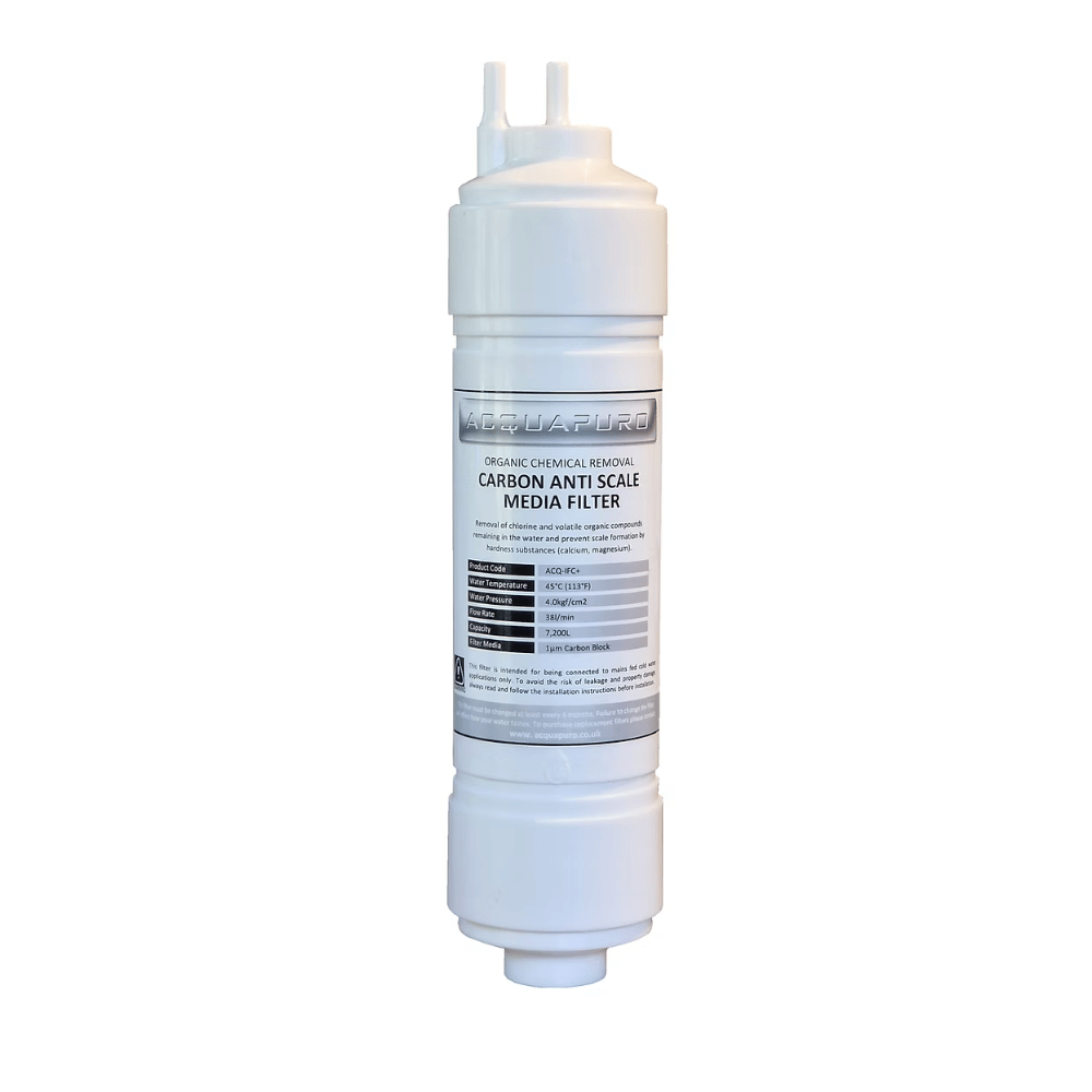 White carbon anti-scale media filter on a white background with Aquapuro branding