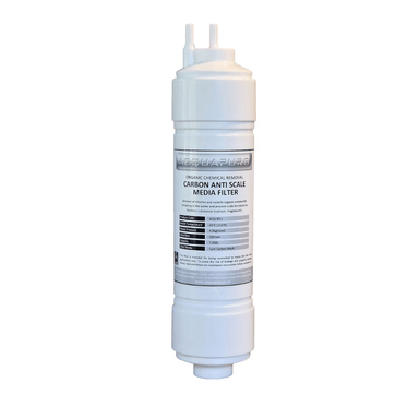 White carbon anti-scale media filter on a white background with Aquapuro branding
