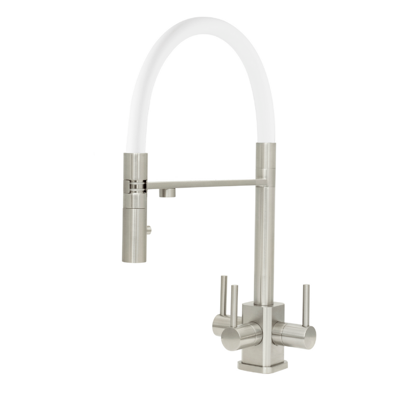 Aquila SQ brushed steel 3-way tap with white flexible spout and square base