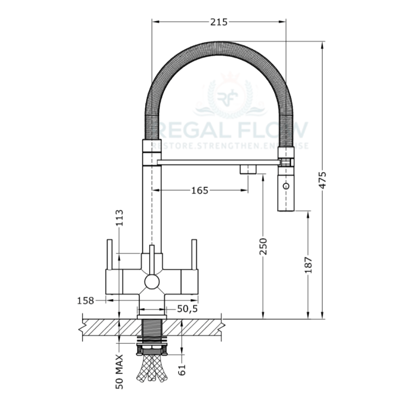 Aquila 3 tap technical drawing showing 475 mm height and handle dimensions with regal flow brand logo 