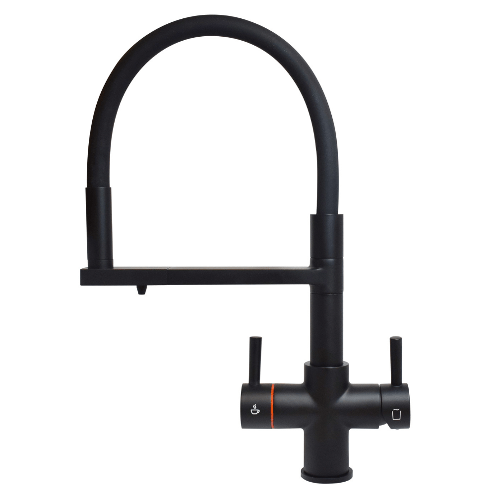 Black 4in1 tap with curved spout on a white background