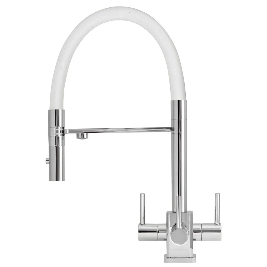 Aquila SQ chrome 3-way tap with white flexible hose and square base for filtered water