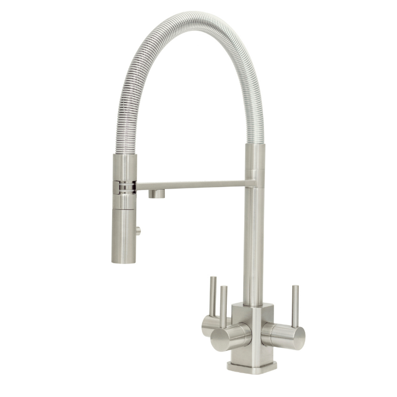 Aquila SQ brushed steel 3-way kitchen tap with square base and spring spout