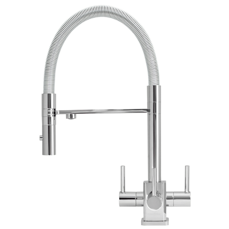 Aquila SQ chrome 3-way tap with spring hose and square body for filtered and mains water
