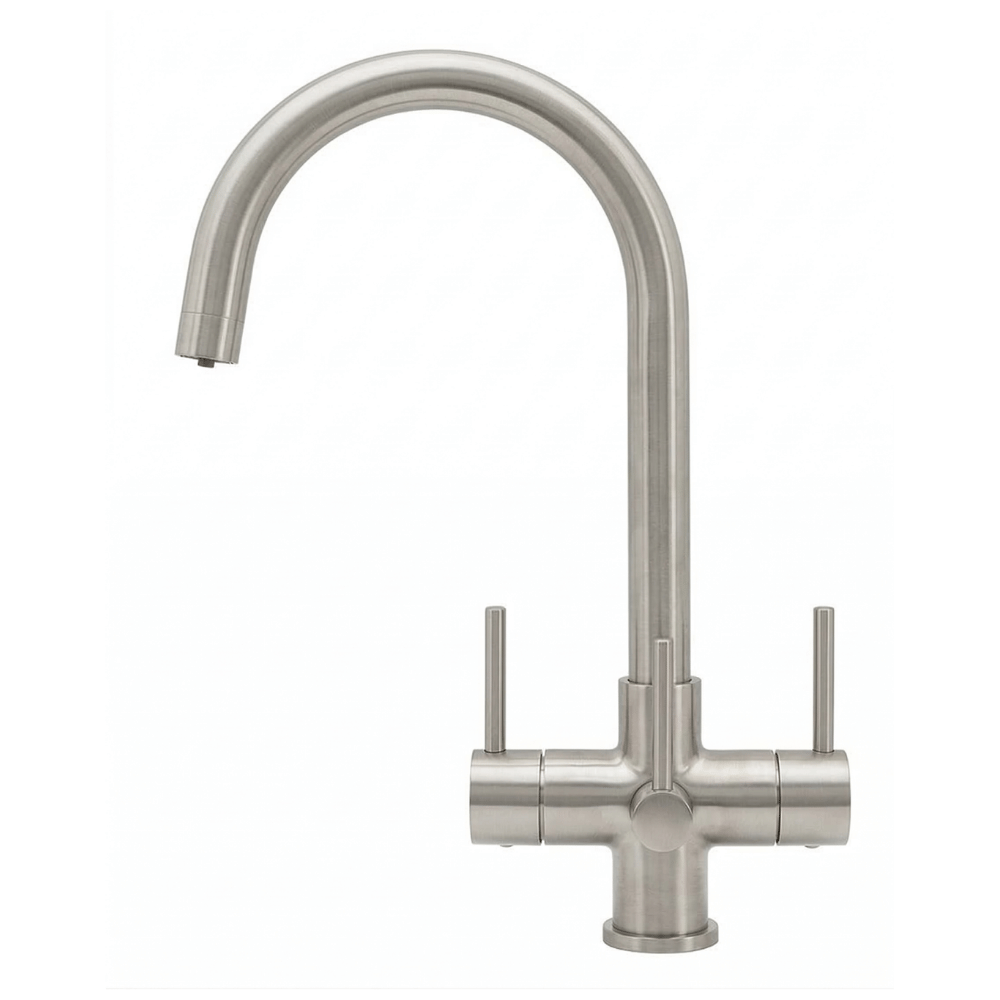Stainless steel kitchen faucet with three levers on a white background