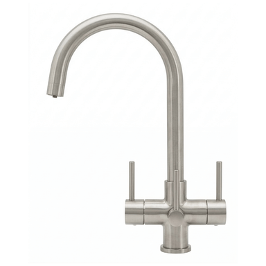 Stainless steel kitchen faucet with three levers on a white background