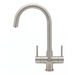 Stainless steel kitchen faucet with three levers on a white background