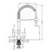 Milano 3 tap technical drawing with height and handle specifications and regal flow logo