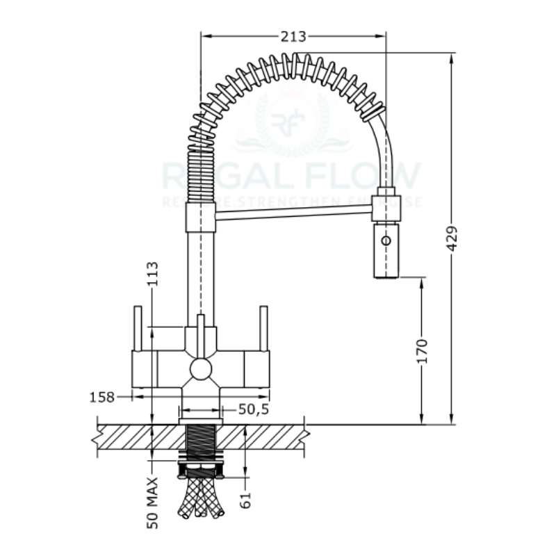 Milano 3 tap technical drawing with height and handle specifications and regal flow logo